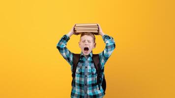 Stressed schoolboy with stack of books on his head yelling on yellow studio background, got tired of studying, need for rest, copy space. Ginger boy holding books on his head and screaming photo