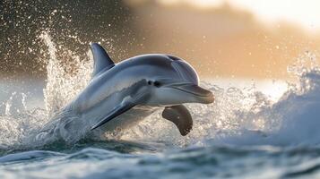 A playful dolphin jumps out of the water, creating splashes against the sunset backdrop. photo