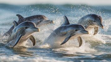 Four dolphins are leaping through the surf, creating splashes as dusk approaches. photo
