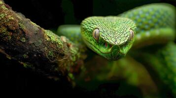 A vibrant green snake rests on a mossy branch in a lush rainforest, displaying its scales. photo