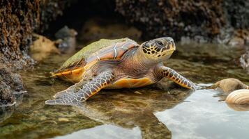 A sea turtle enjoys a moment of rest by the shore as the tide recedes, surrounded by rocks. photo