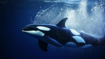 Orca moves swiftly through the clear ocean waters, surrounded by bubbles and light. photo