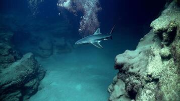 A shark glides through clear blue water among rocky formations and bubbles rising from below. photo