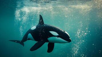 A majestic orca glides effortlessly through sparkling water, showcasing its unique markings. photo