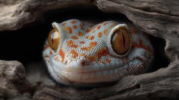 A gecko with vibrant skin patterns observes its surroundings from a hollow in a tree trunk. photo