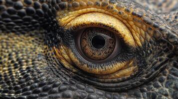 Detailed focus on a reptile's eye showcasing unique colors and patterns found in wildlife. photo