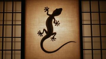 A lizard is climbing on a paper screen, creating a striking silhouette against the light. photo