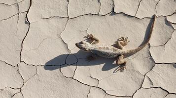 A lizard rests on dry, cracked soil, absorbing sunlight in a warm, arid environment. photo