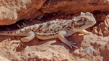 A bearded dragon basks on warm rocks, soaking up the afternoon heat in a peaceful spot. photo