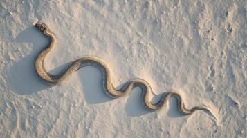 A slender snake moves effortlessly over fine sand, illuminated by soft evening light. photo