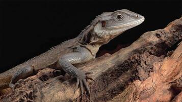 A textured lizard relaxes on weathered wood in a dimly lit space, highlighting its features. photo