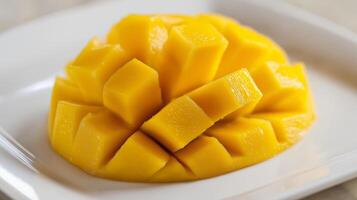 Fresh mango is beautifully sliced and presented on a white plate, showcasing its vibrant color. photo