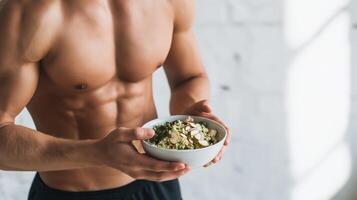 A fit man savors a nutritious meal in a bright, simple space after exercising. photo