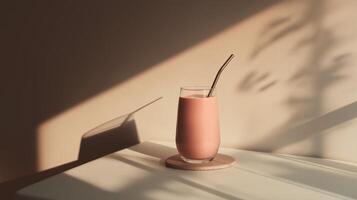 A refreshing smoothie sits in a clear glass on a light-colored table with gentle shadows. photo