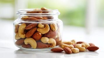A glass jar of mixed nuts sits on a table, with scattered nuts nearby in soft light. photo