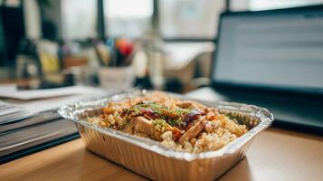 A flavorful dish with chicken and rice sits on a desk beside an open laptop during a busy workday. photo