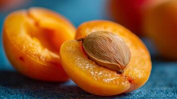 Juicy apricot halves expose golden flesh and central pit, highlighting ripe summer fruit perfection. photo