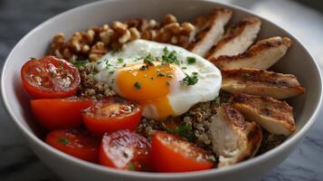 A nutritious breakfast bowl with quinoa, grilled chicken, tomatoes, and a poached egg. photo
