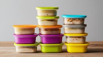Colorful food containers with layered desserts on a wooden table create an appealing display. photo