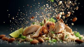 Grilled chicken slices are elegantly arranged on quinoa, garnished with almonds and lime. photo