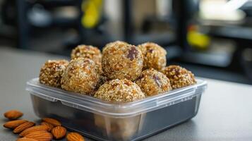 Energy balls made from nuts and seeds are arranged in a container with a few almonds beside it. photo