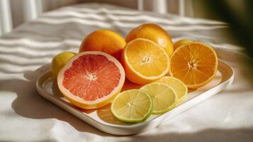 Fresh citrus fruits arranged on a light plate display vibrant colors and freshness. photo