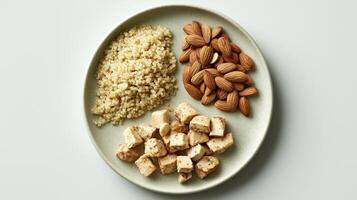 Quinoa is served alongside diced chicken and almonds, creating a nutritious meal option. photo