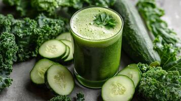 A refreshing green juice sits next to sliced cucumbers and kale, highlighting healthy ingredients. photo