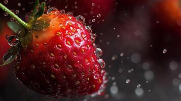 Bright red strawberries are covered in water droplets, creating a fresh and vibrant appearance. photo