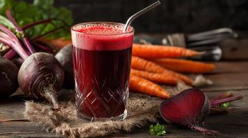 Bright red vegetable juice is served with fresh beets and carrots nearby on a rustic table. photo