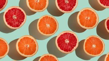Brightly colored halved oranges and grapefruits are neatly arranged on a light blue background. photo