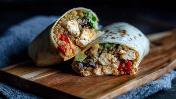 Quinoa burrito features chicken, colorful vegetables, and spices, creating a satisfying meal. photo