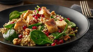 Fresh quinoa salad featuring tender chicken, spinach, and pomegranate seeds garnished with walnuts. photo