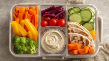Nutritious veggies and pita with creamy hummus in a lunch container. photo
