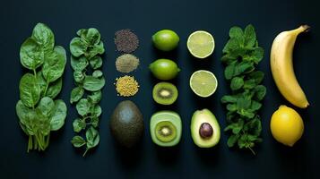A colorful variety of fresh fruits and vegetables laid out with rich greens and bright citrus. photo