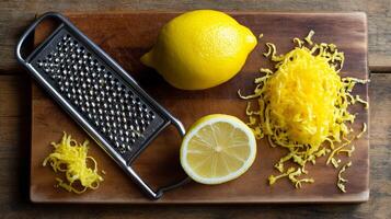 Fresh lemon with zest ready for cooking, cut lemon showcases its juicy interior on wooden board. photo