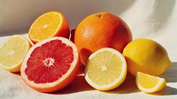 A colorful display of oranges, lemons, and grapefruits showcases freshness and variety. photo