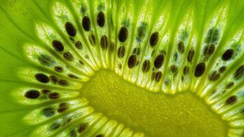 Detailed view of a kiwi slice highlighting its seeds and vivid green texture from sunlight. photo