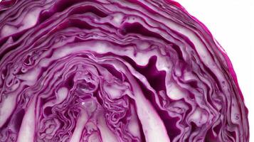 Close-up view of red cabbage reveals intricate layers and a beautiful mix of purple hues. photo