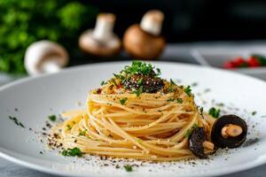 Delicious Spaghetti With Mushrooms and Herbs Served in a Modern Restaurant Setting. photo