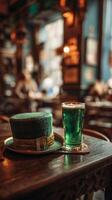 Celebrating St Patricks Day With Green Beer and Festive Hat in Lively Pub Atmosphere. photo