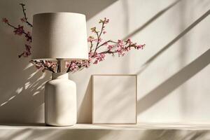 Soft Light Illuminates a Minimalist Decor With a Lamp and Cherry Blossom Branches photo