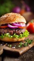 Juicy Beef Burger With Fresh Toppings on a Wooden Board With Vibrant Vegetables Around photo
