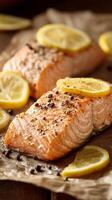 Fresh Salmon Fillets Garnished With Lemon Slices Ready to Be Served for Dinner. photo