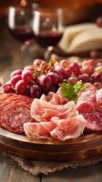 Assorted Meats and Fresh Grapes on Wooden Board With Wine Glasses in Warm Setting photo