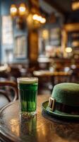 Celebratory Green Beverage and Festive Hat at a Cozy Pub During St Patricks Day Celebration. photo