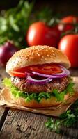 Freshly Prepared Burger With Vegetables on Wooden Table During Daylight Hours photo