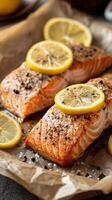 Fresh Salmon Fillets Garnished With Lemon Slices Ready to Be Served for Dinner photo