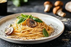 Delicious Spaghetti With Mushrooms and Herbs Served on a White Plate. photo