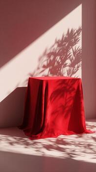 Unique Red Fabric Draped Table Casting Intricate Shadows From Delicate Branches. photo